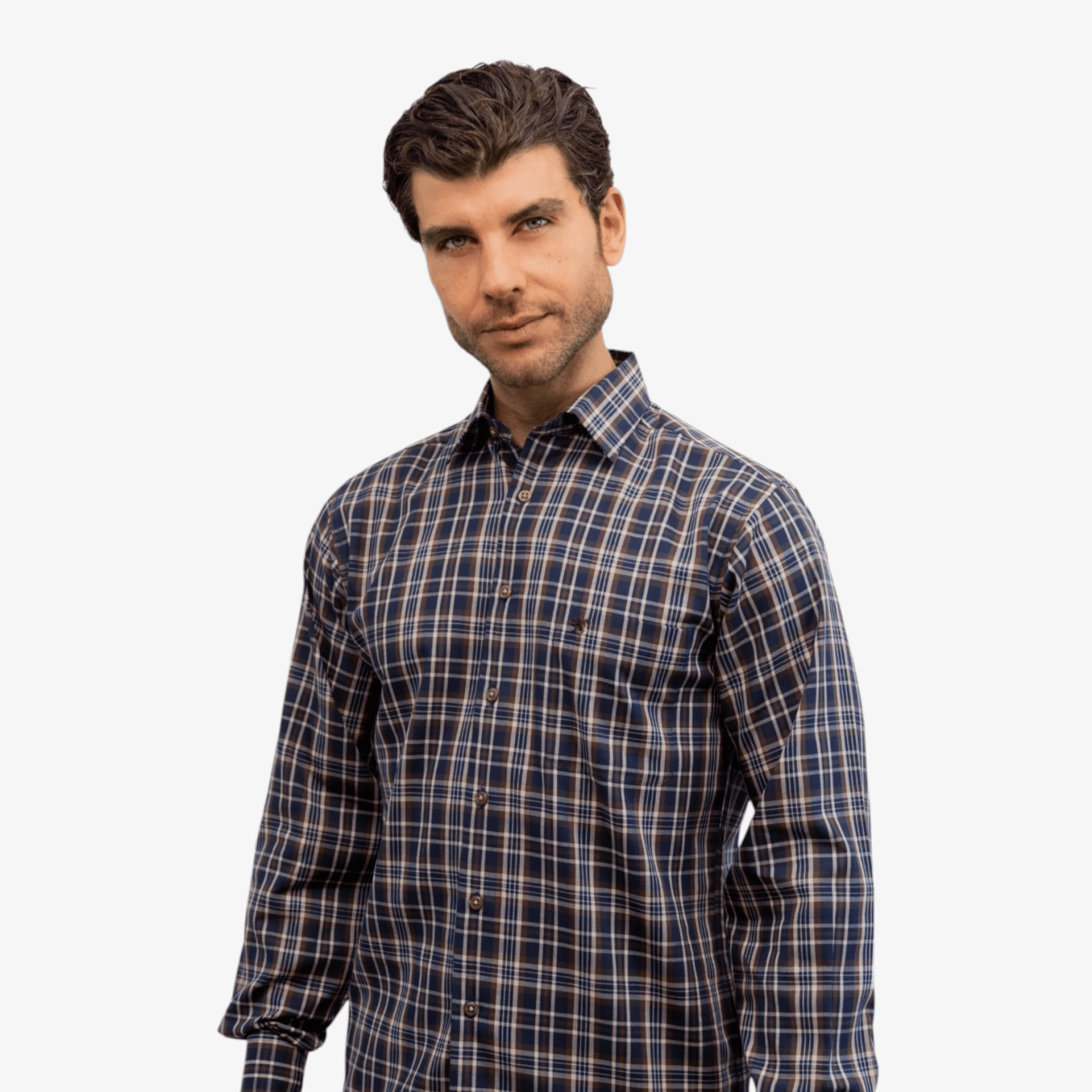 Manchester Camisa Casual a Cuadros Marrón y Azul - Corte Regular - Manchester