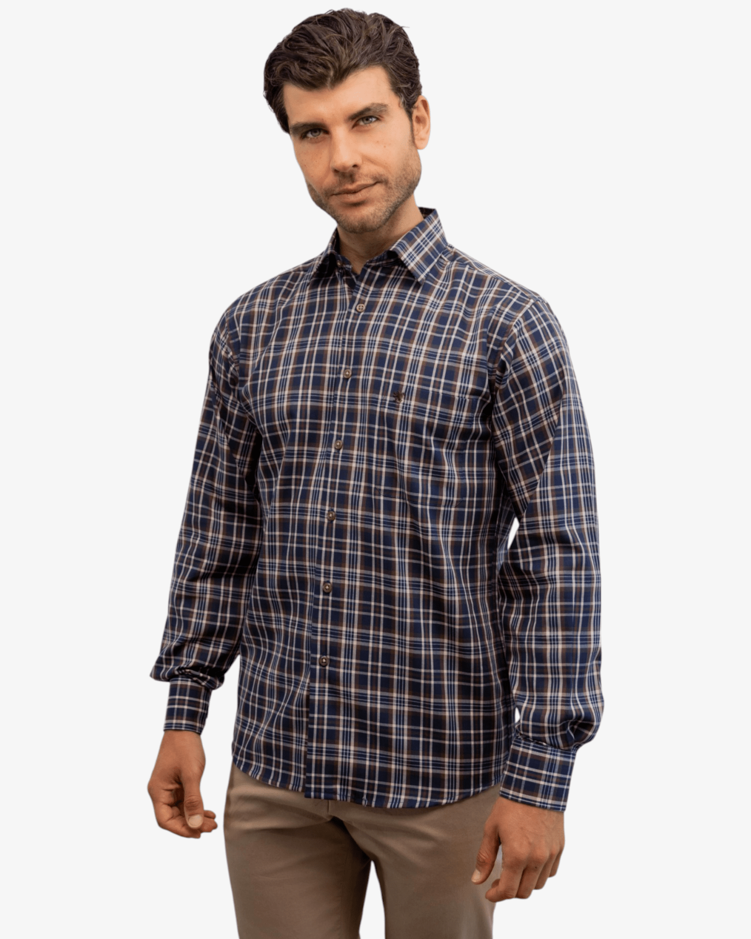 Manchester Camisa Casual a Cuadros Marrón y Azul - Corte Regular - Manchester