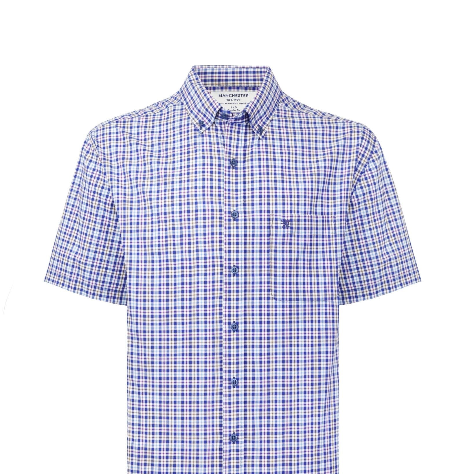 Manchester Camisa Casual Button Down Manga Corta Cuadrícula - Manchester