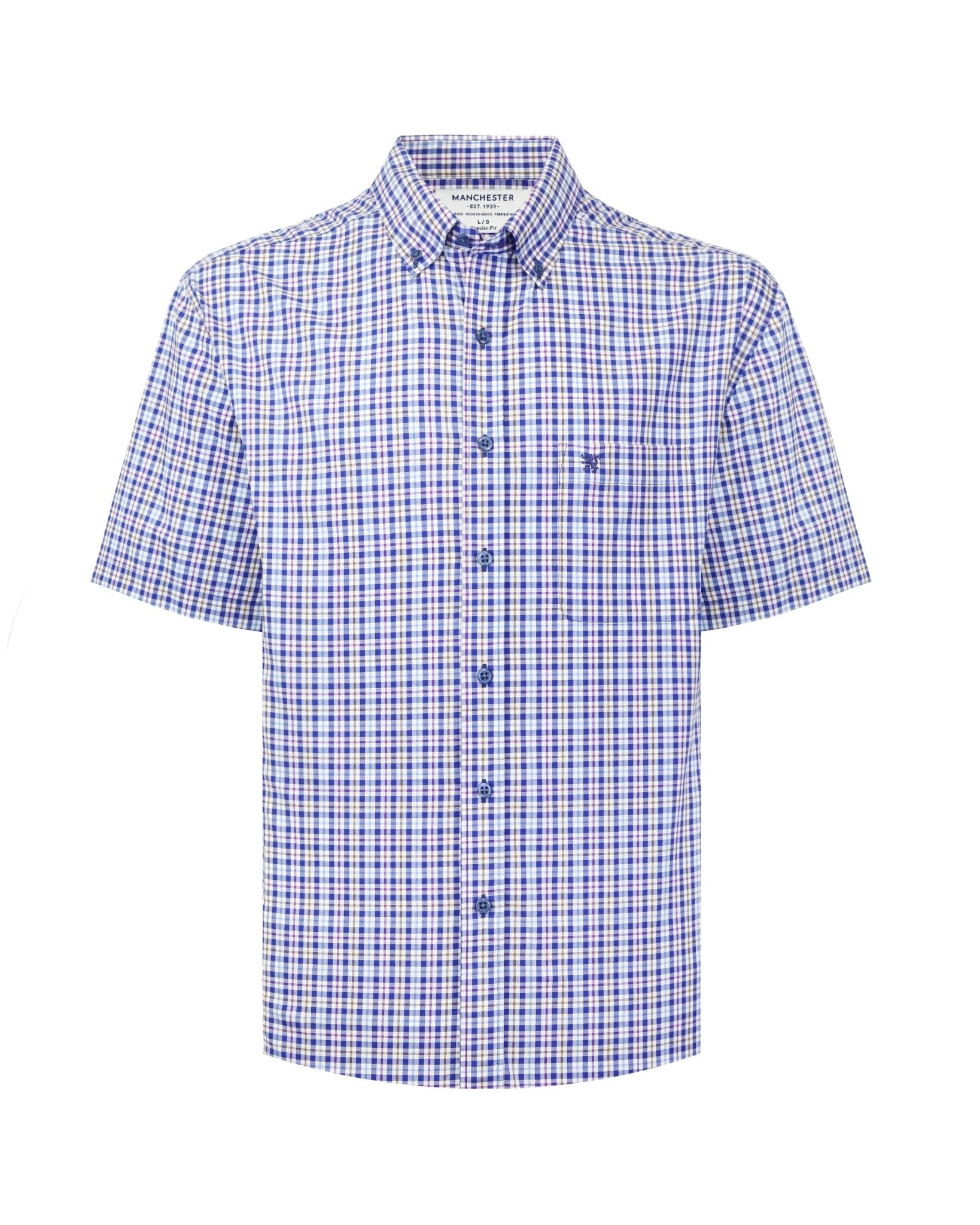 Manchester Camisa Casual Button Down Manga Corta Cuadrícula - Manchester