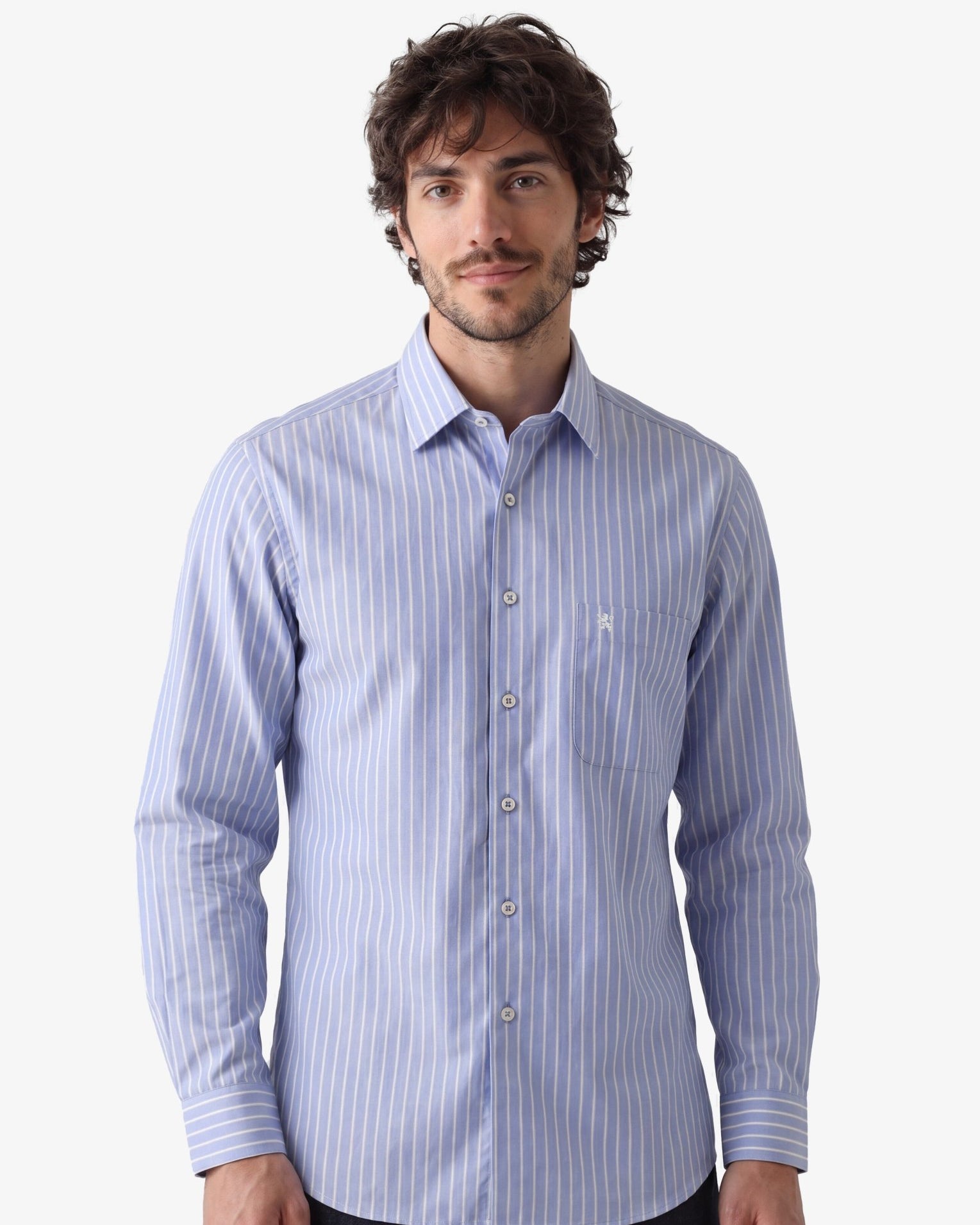 Manchester camisa casual Elite 100% algodón wrinkle free azul cielo a rayas de manga larga con bolsillo, en modelo, para hombre