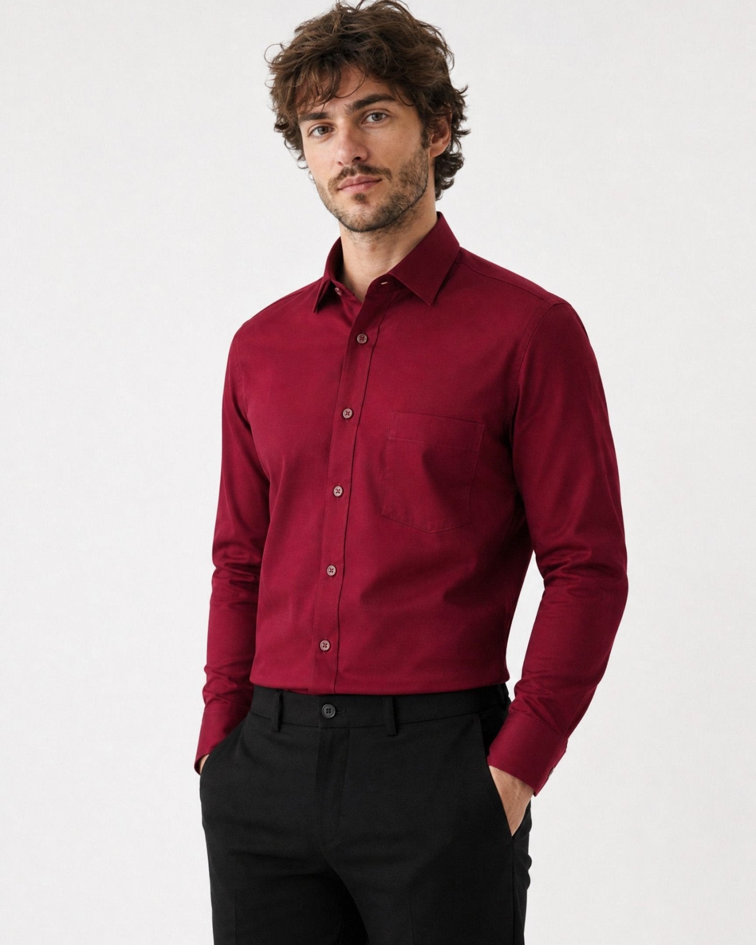 Manchester Camisa de Vestir Lisa Algodón y Poliéster color vino para hombre