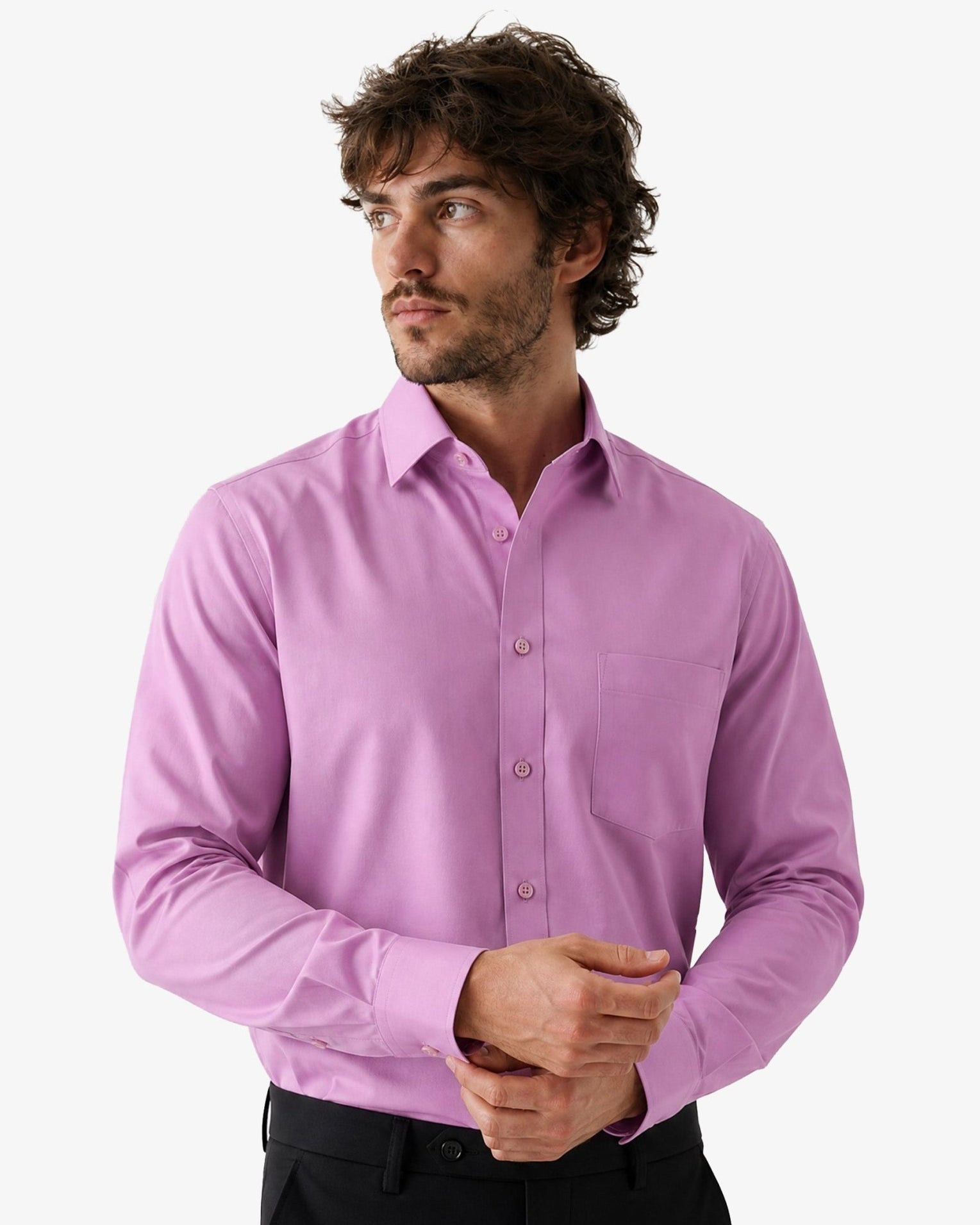 Manchester Camisa de Vestir Lisa Algodón y Poliéster Manga Larga color lavanda para hombre