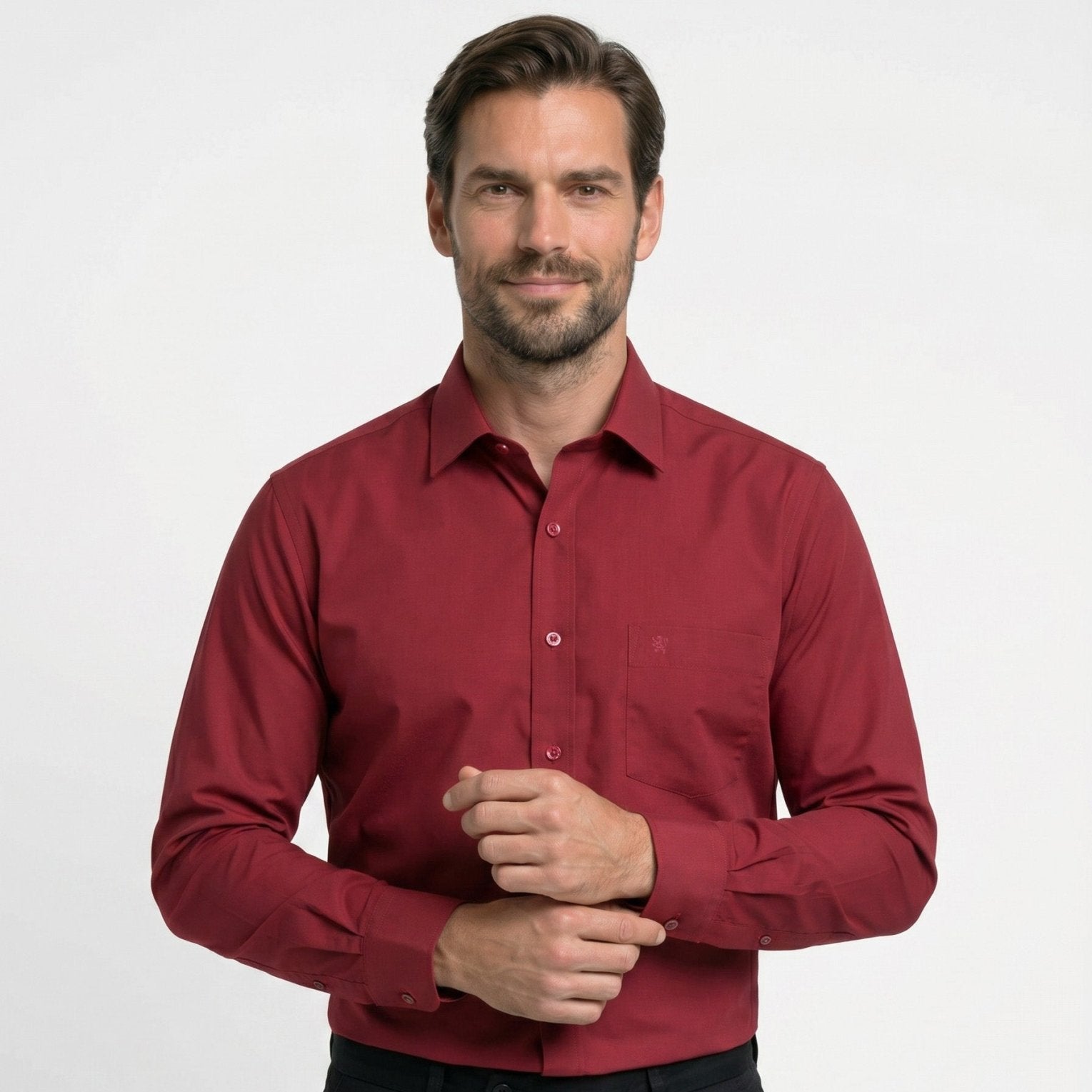 Manchester Camisa de Vestir Lisa Slim Fit con Puño Convertible y Un Bolsillo Mezcla Algodón color vino para hombre