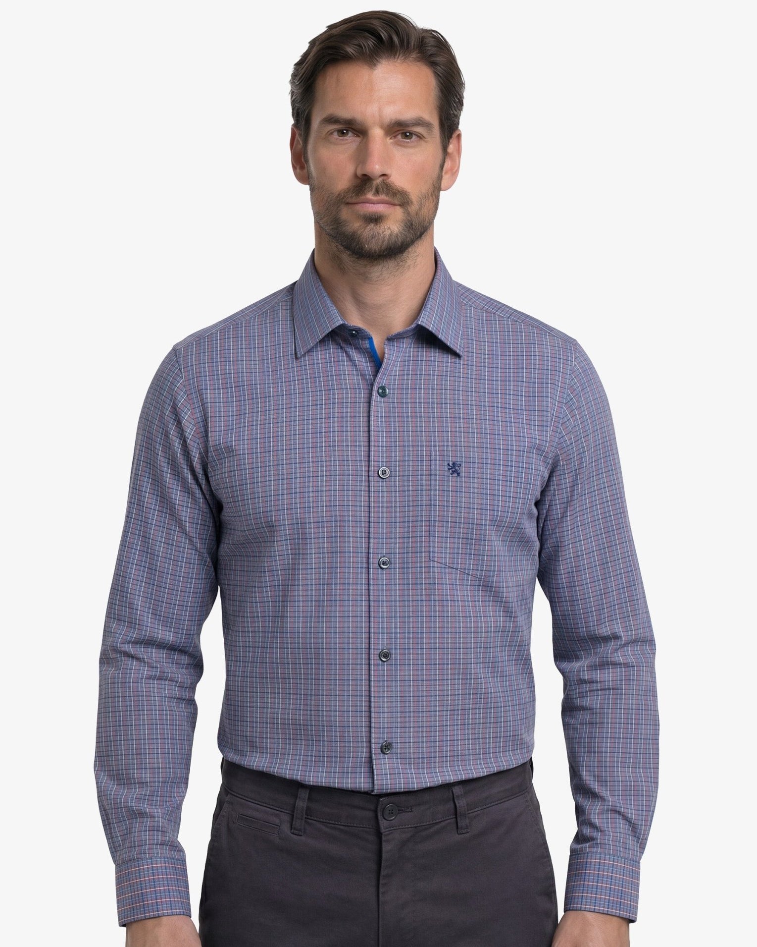 Manchester Camisa de Vestir Slim Fit Cuadros Sutiles Algodón y Poliéster Manga Larga color azul para hombre