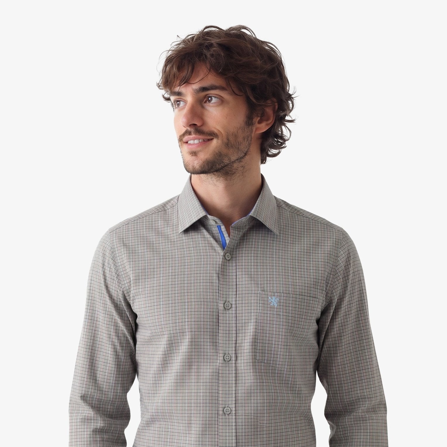 Manchester Camisa de Vestir Slim Fit Cuadros Sutiles Algodón y Poliéster Manga Larga color gris para hombre