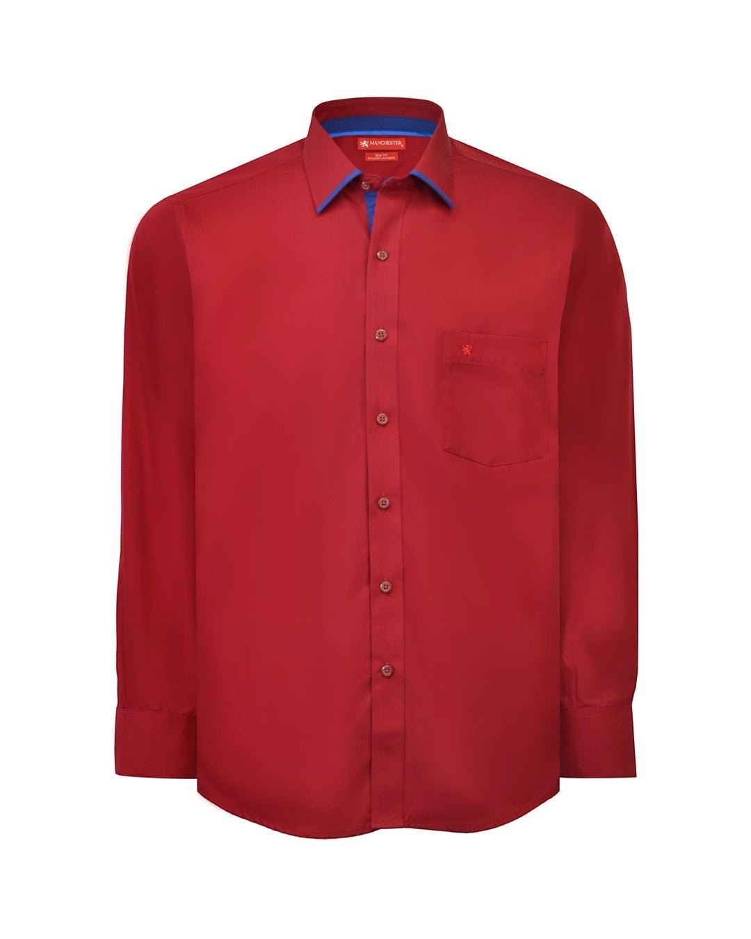 Camisa de vestir Manchester roja slim fit con cuello roma y detalles en azul, manga larga de algodón y poliéster.