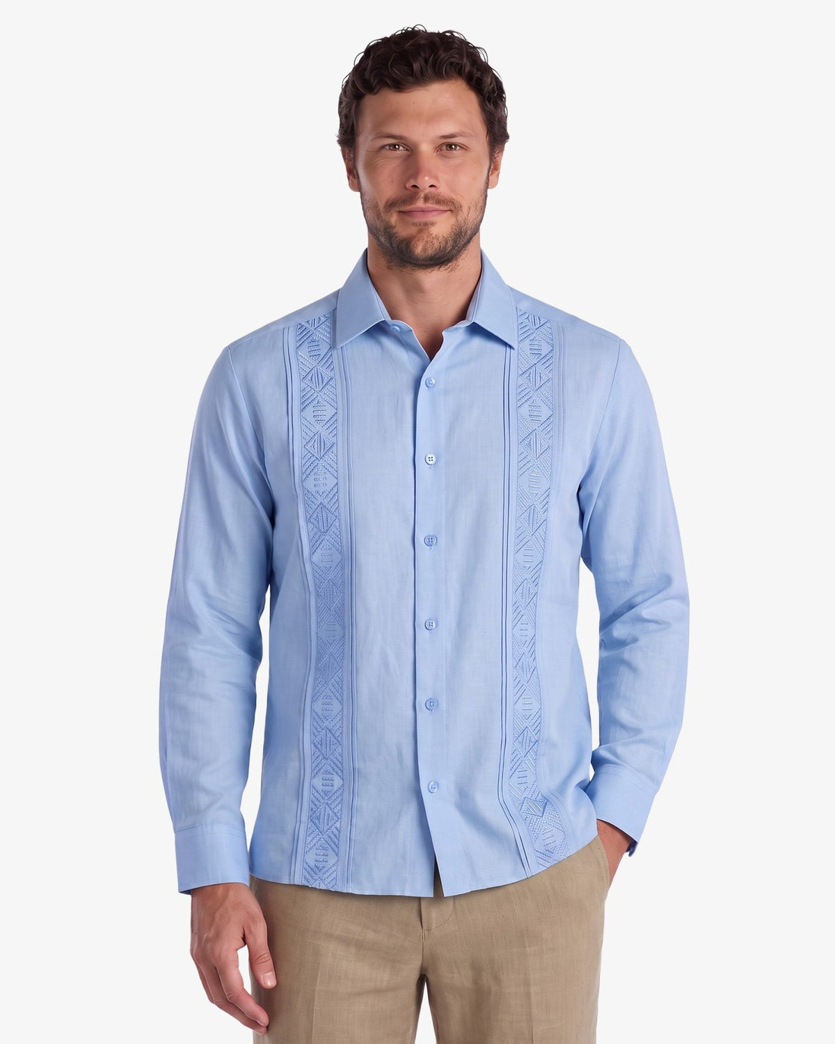 Manchester Guayabera Bordado Artesanal Geométrico Alforzada - Manchester