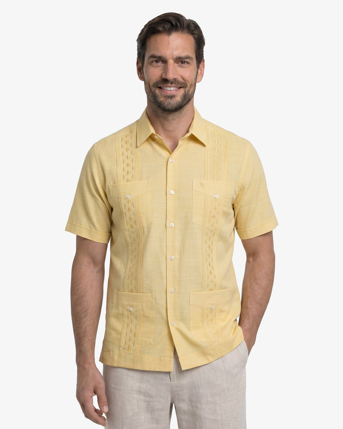 Manchester Guayabera Bordado Artesanal Vertical Alforzada - Manchester