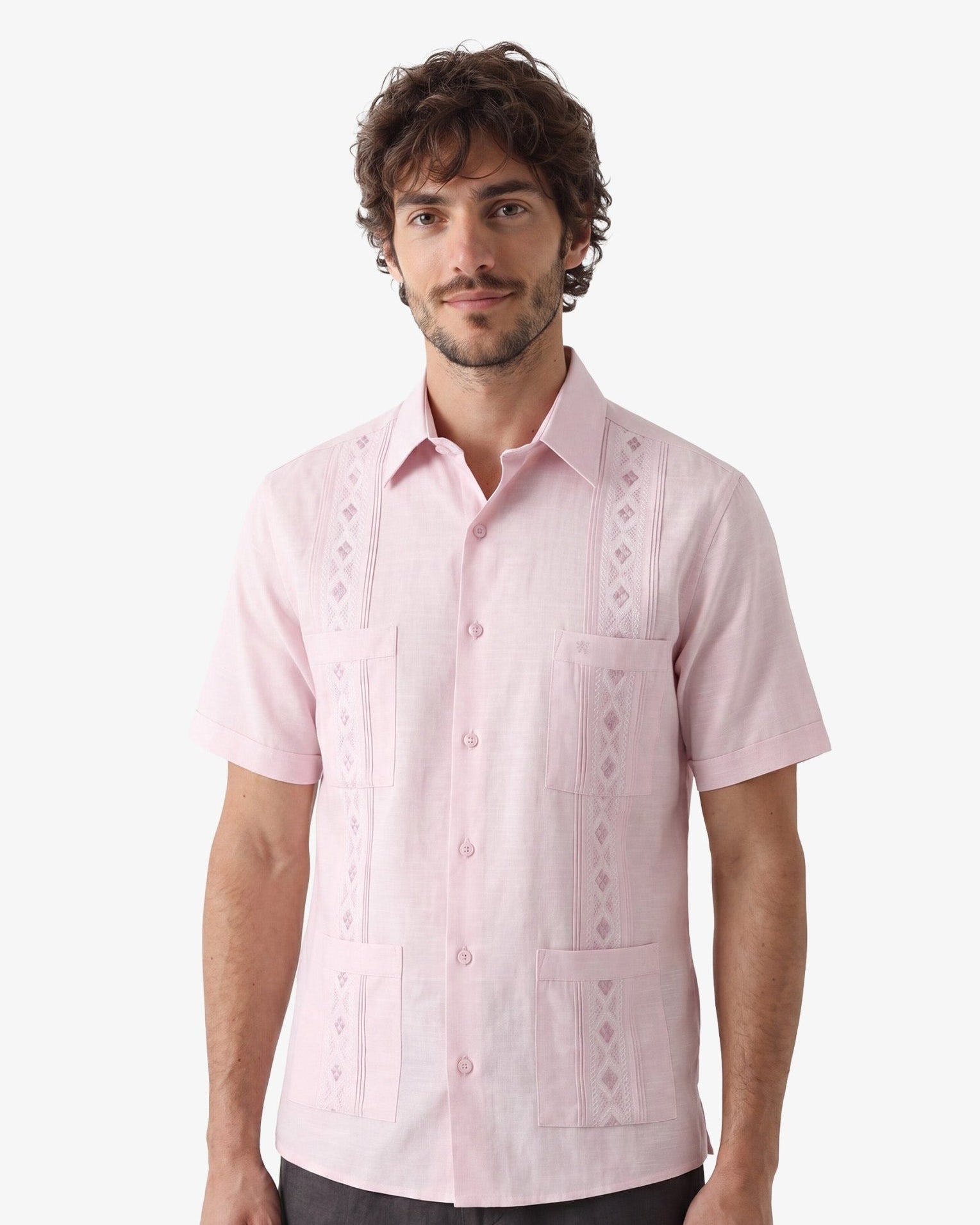 Manchester Guayabera Bordado Geométrico y Alforzas Finas - Manga Corta - Manchester
