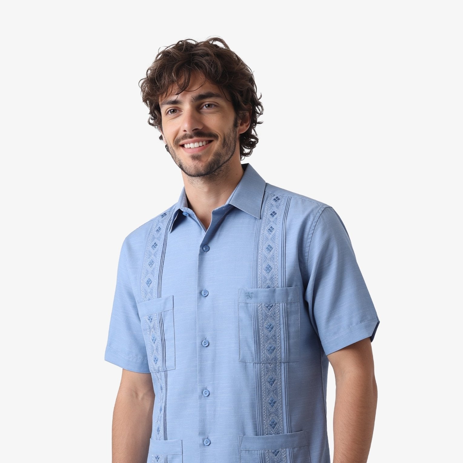 Manchester Guayabera Bordado Geométrico y Alforzas Finas - Manga Corta - Manchester