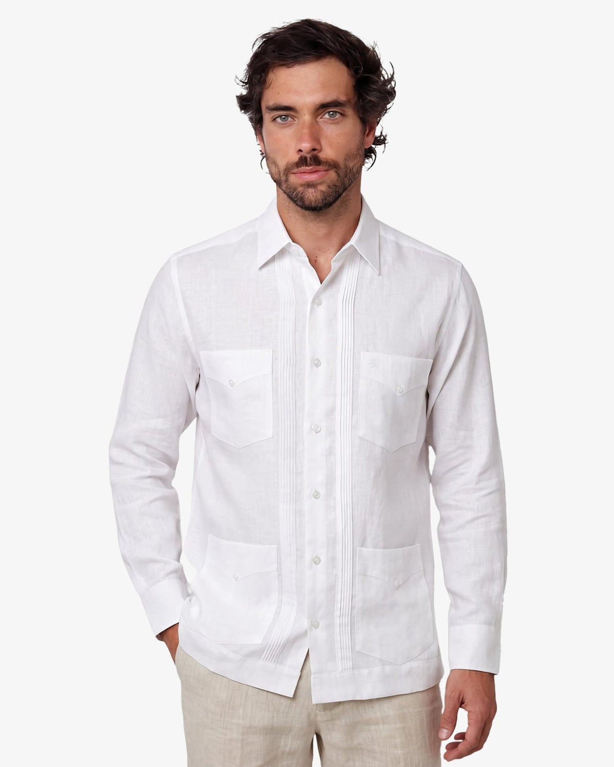 Manchester Guayabera Lino Puro Puño Convertible Tradicional Cuatro Bolsas Esencial - Manchester