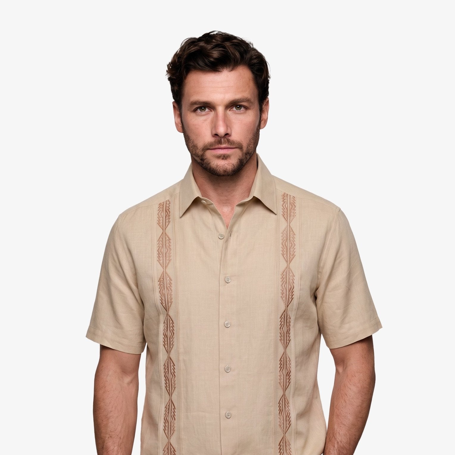 Manchester Guayabera Sin Bolsas Lino Bordado Artesanal - Manga Corta - Manchester
