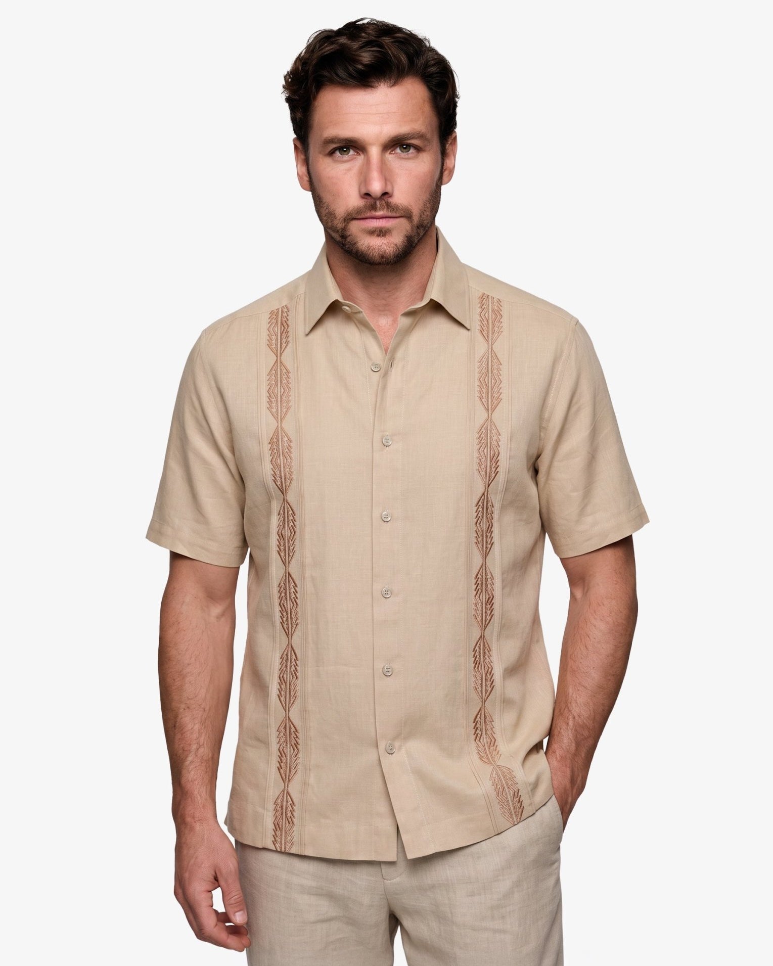Manchester Guayabera Sin Bolsas Lino Bordado Artesanal - Manga Corta - Manchester