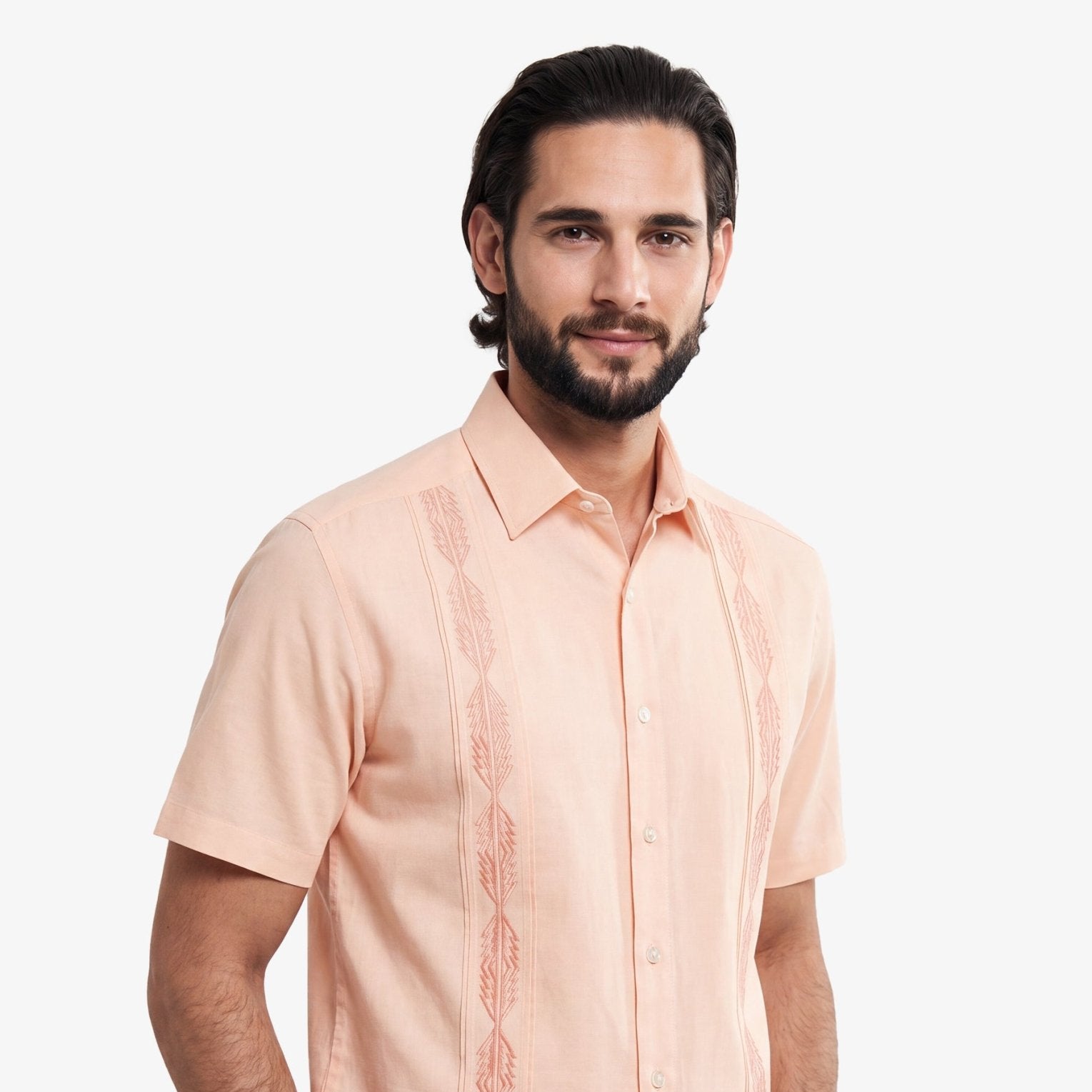 Manchester Guayabera Sin Bolsas Lino Bordado Artesanal - Manga Corta - Manchester