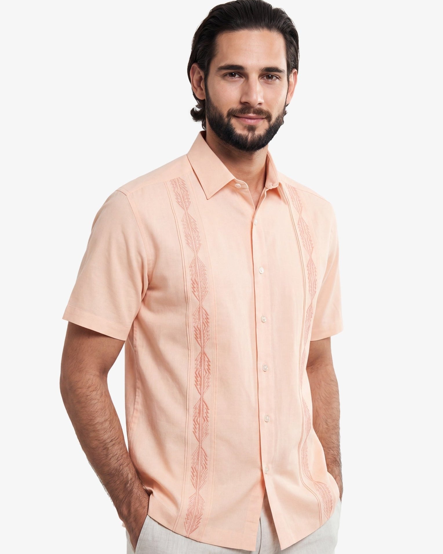 Manchester Guayabera Sin Bolsas Lino Bordado Artesanal - Manga Corta - Manchester