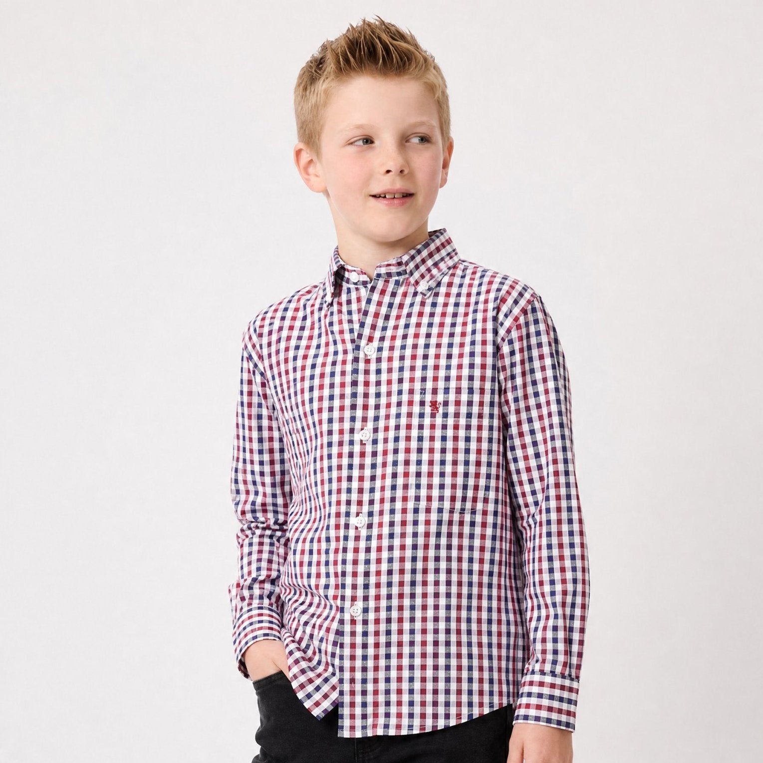 Manchester Junior Camisa Casual Gingham Button Down - Manga Larga - Manchester