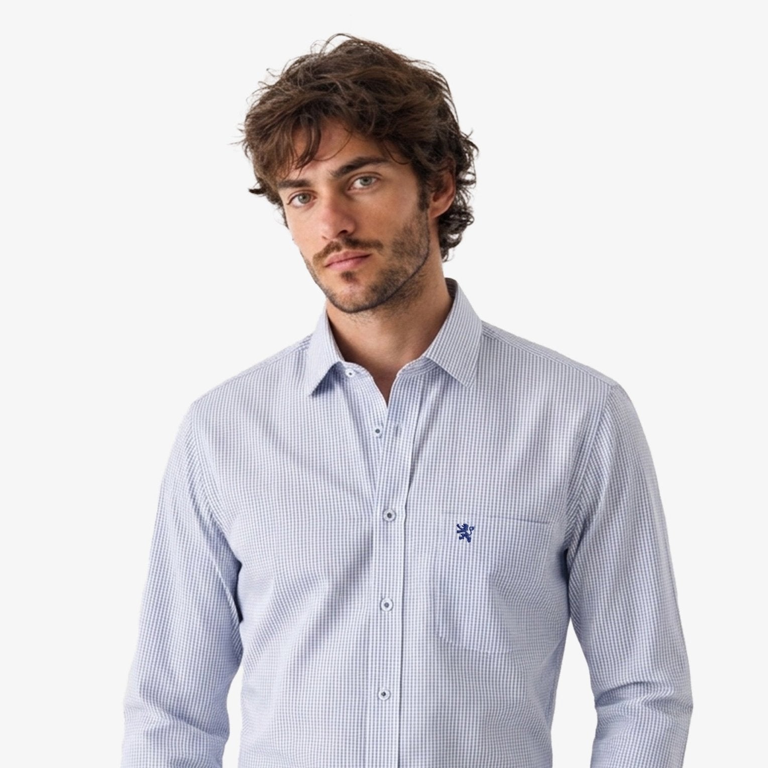 Manchester Regular Fit Camisa de Vestir Manga Larga Cuello Roma en Algodón-Poliéster color marino para hombre