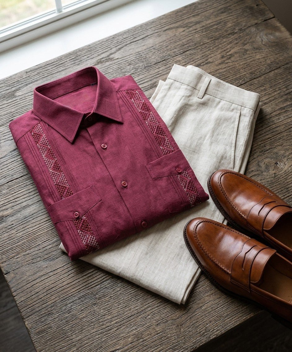 Cómo combinar una guayabera roja, vino o guinda