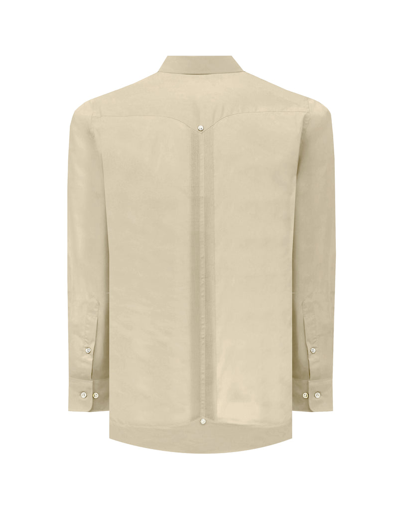Manchester Guayabera Regular Fit Algodón y Poliéster Vista de Cuello Frontal en Arena	a