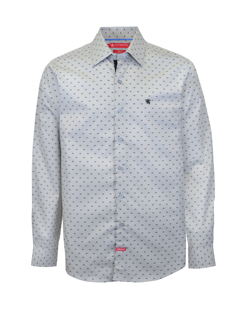 Manchester Camisa Casual Óvalos Pequeños en Corte Slim Manga Larga Cuello Monaco Vista Frontal