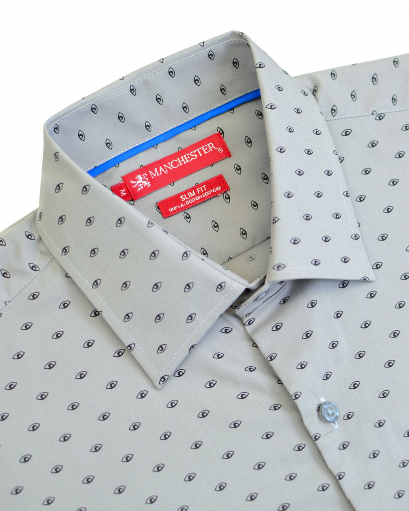 Manchester Camisa Casual Óvalos Pequeños en Corte Slim Vista Cuello Monaco