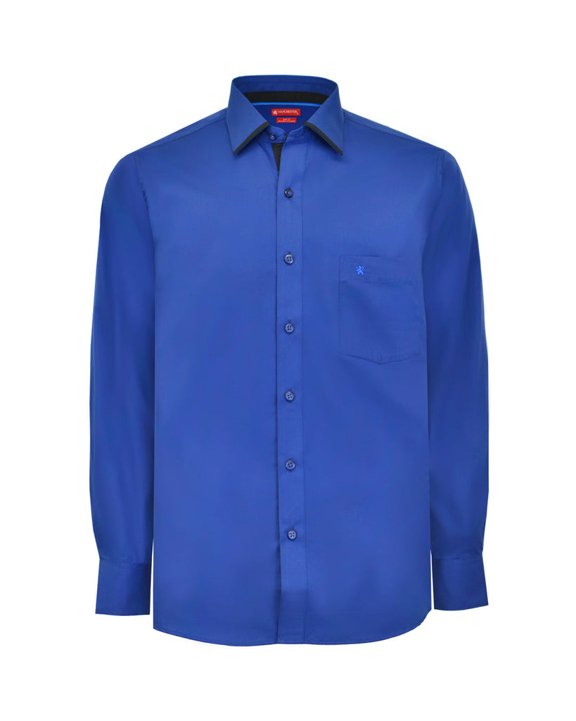 Manchester Camisa de Vestir Lisa en Azul Corte Slim Fit Cuello Roma Vista Frontal