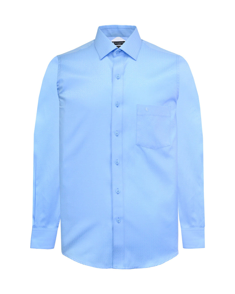 Manchester Camisa de Vestir en Azul con Lineas un Puño Ejecutivo y Cuello Roma Vista Frontal