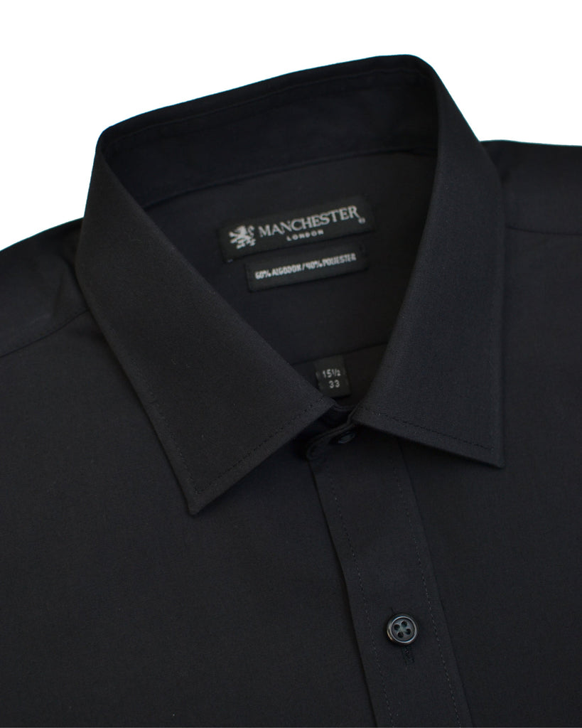 Manchester Camisa de Vestir en Negro Puño Doble Regular Fit en Algodón y Poliéster Vista Cuello