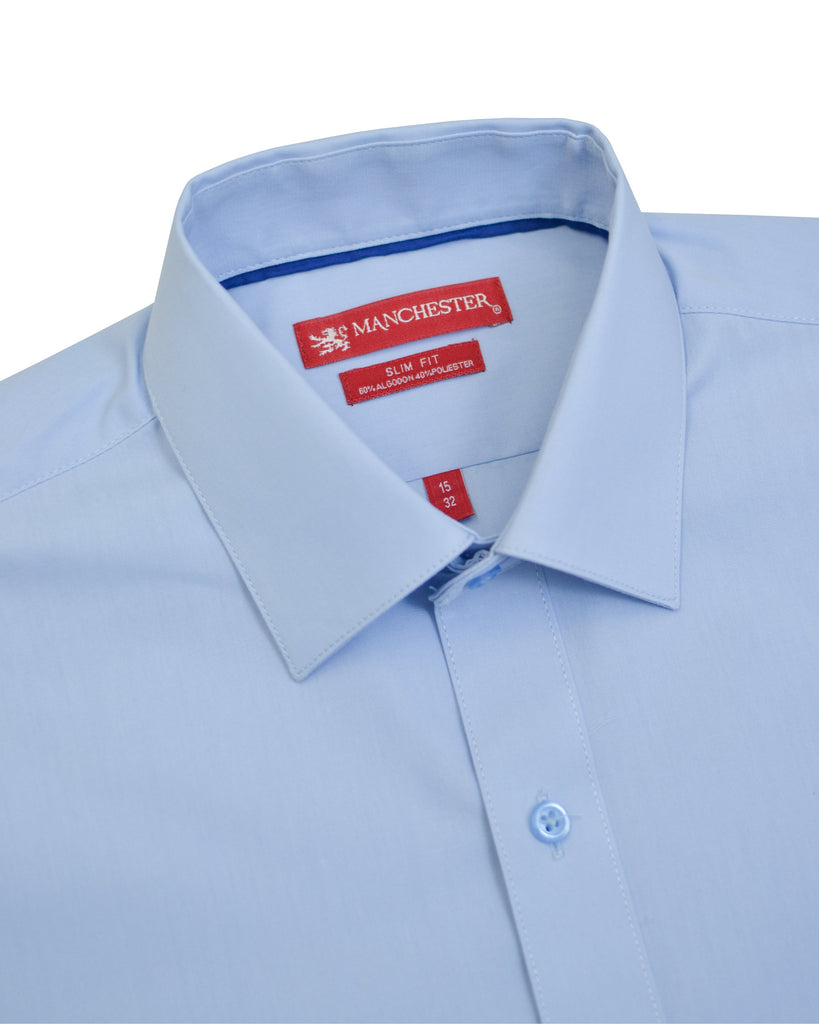 Manchester Camisa de Vestir en Azul Slim Fit Puño Convertible en Algodon- Poliester Vista Cuello