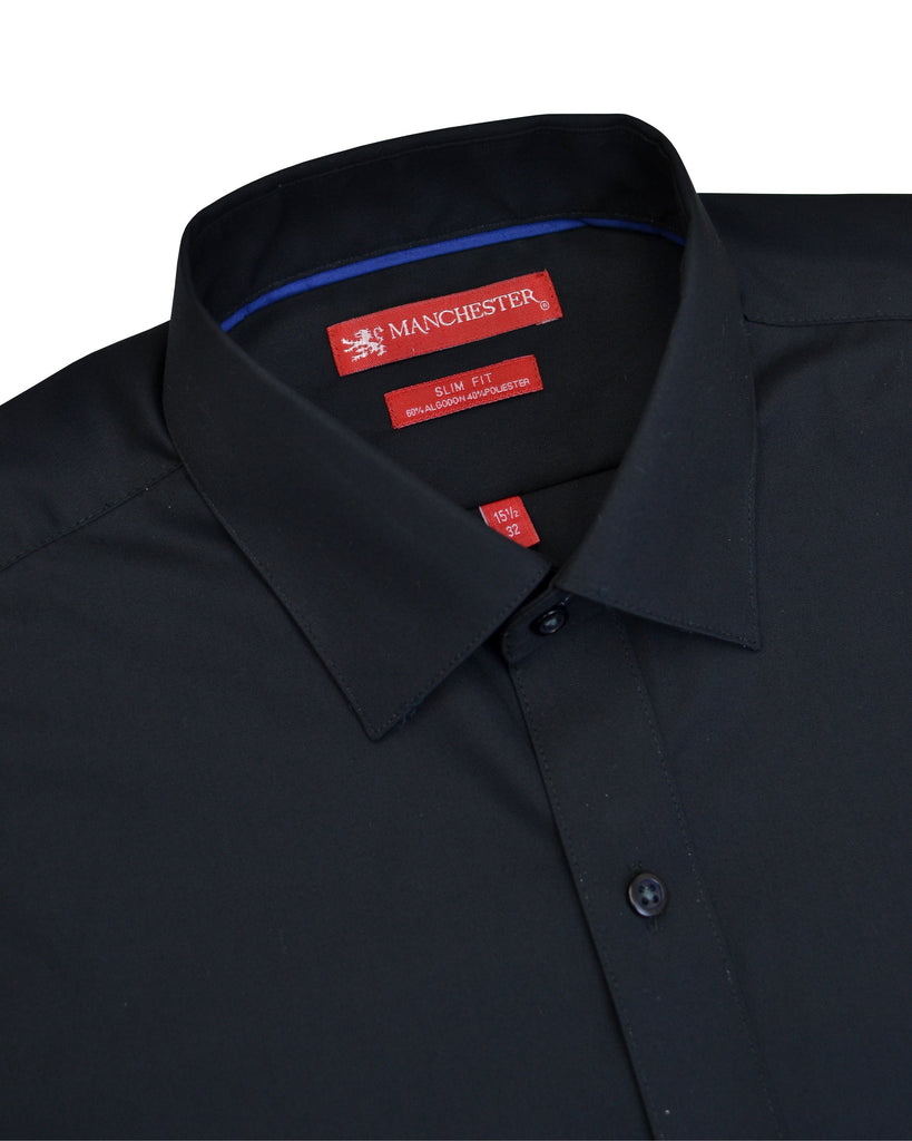 Manchester Camisa de Vestir en Negro Slim Fit Puño Convertible en Algodon- Poliester Vista Cuello