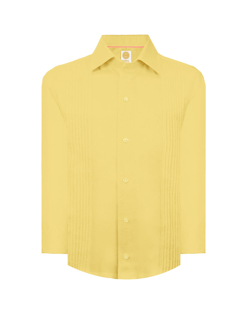 Manchester Junior Guayabera de Lino Manga Larga Vista Frontal en Amarillo