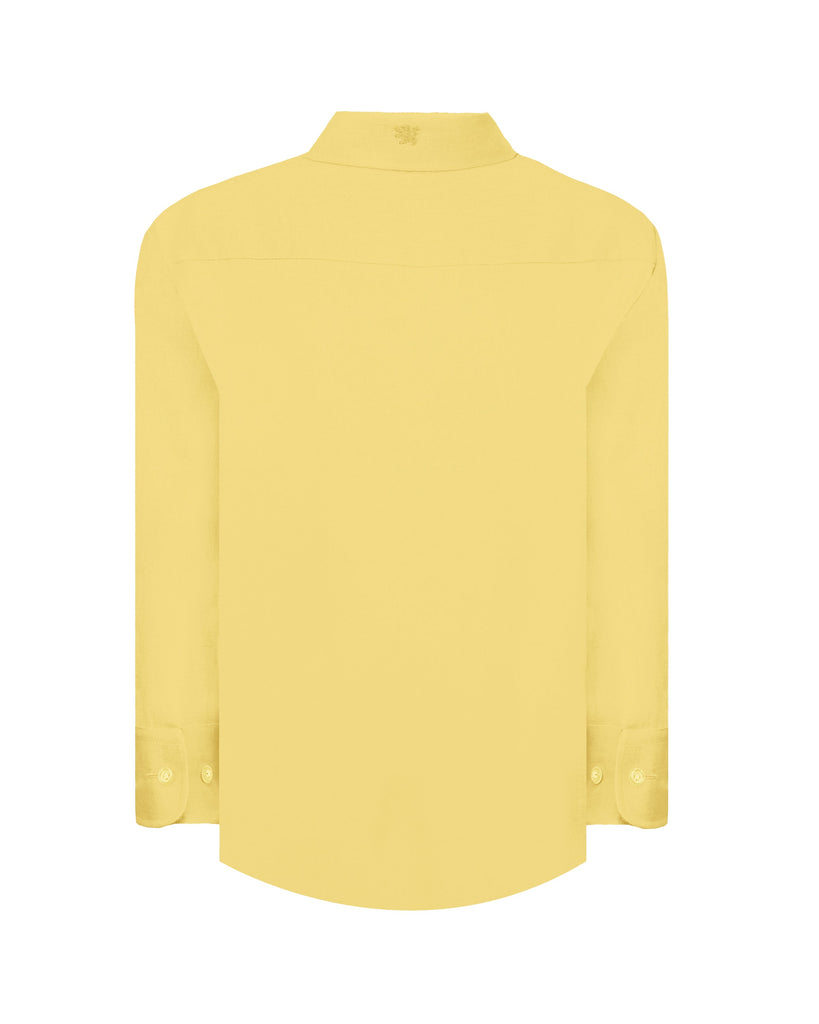 Manchester Junior Guayabera de Lino Manga Larga Cuello Vista Frontal en Amarillo