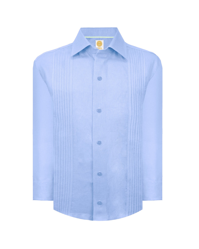 Manchester Junior Guayabera de Lino Manga Larga Vista Frontal en Azul