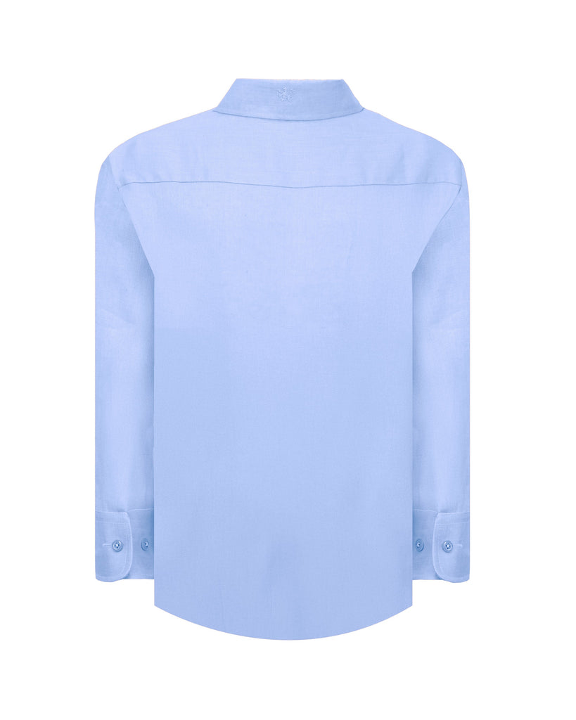 Manchester Junior Guayabera de Lino Manga Larga Cuello Vista Frontal en Azul