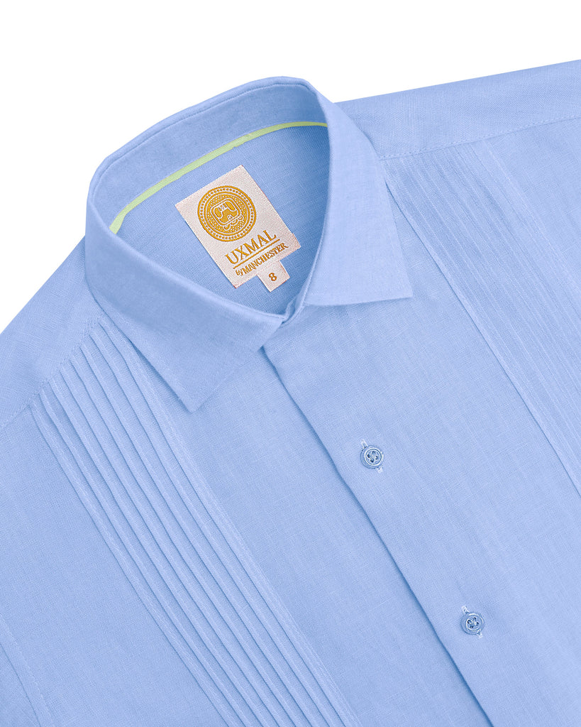 Manchester Junior Guayabera de Lino Manga Larga Vista Trasera en Azul
