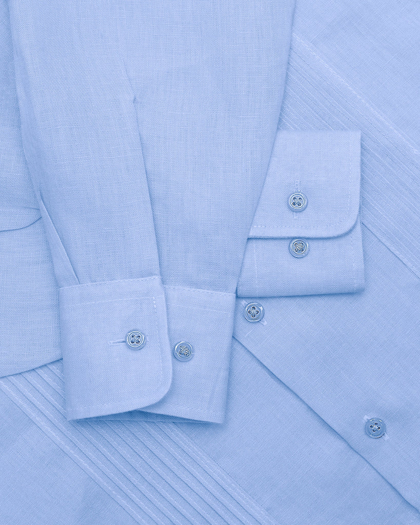 Manchester Junior Guayabera de Lino Manga Larga Vista Alforza y Botones en Azul