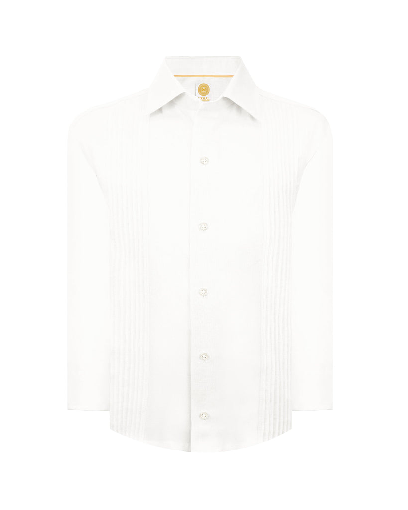 Manchester Junior Guayabera de Lino Manga Larga Vista Frontal en Blanco