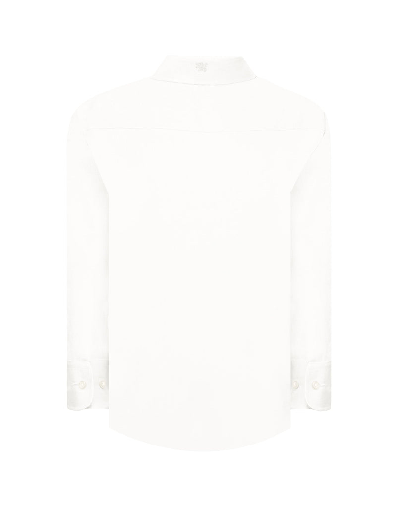 Manchester Junior Guayabera de Lino Manga Larga Cuello Vista Frontal en Blanco