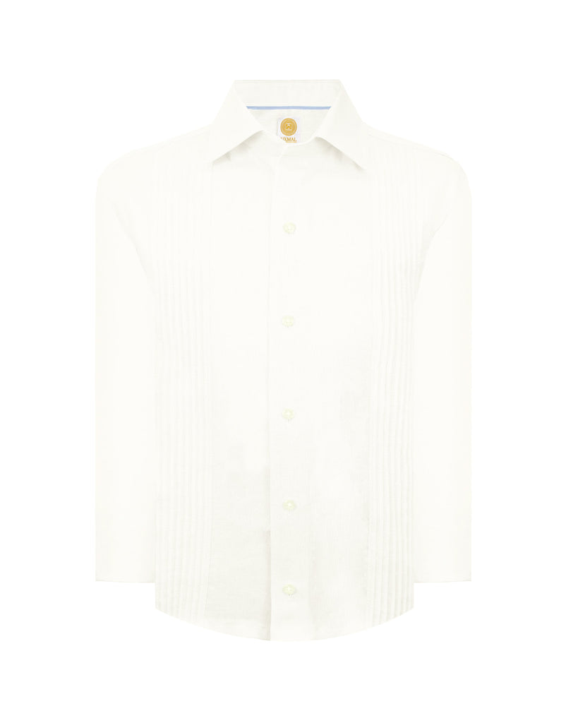 Manchester Junior Guayabera de Lino Manga Larga con Alforzas en Hueso Vista Frontal