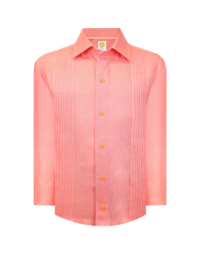 Manchester Uxmal Junior Guayabera Naranja Lino Puro Manga Larga para Niño Frontal
