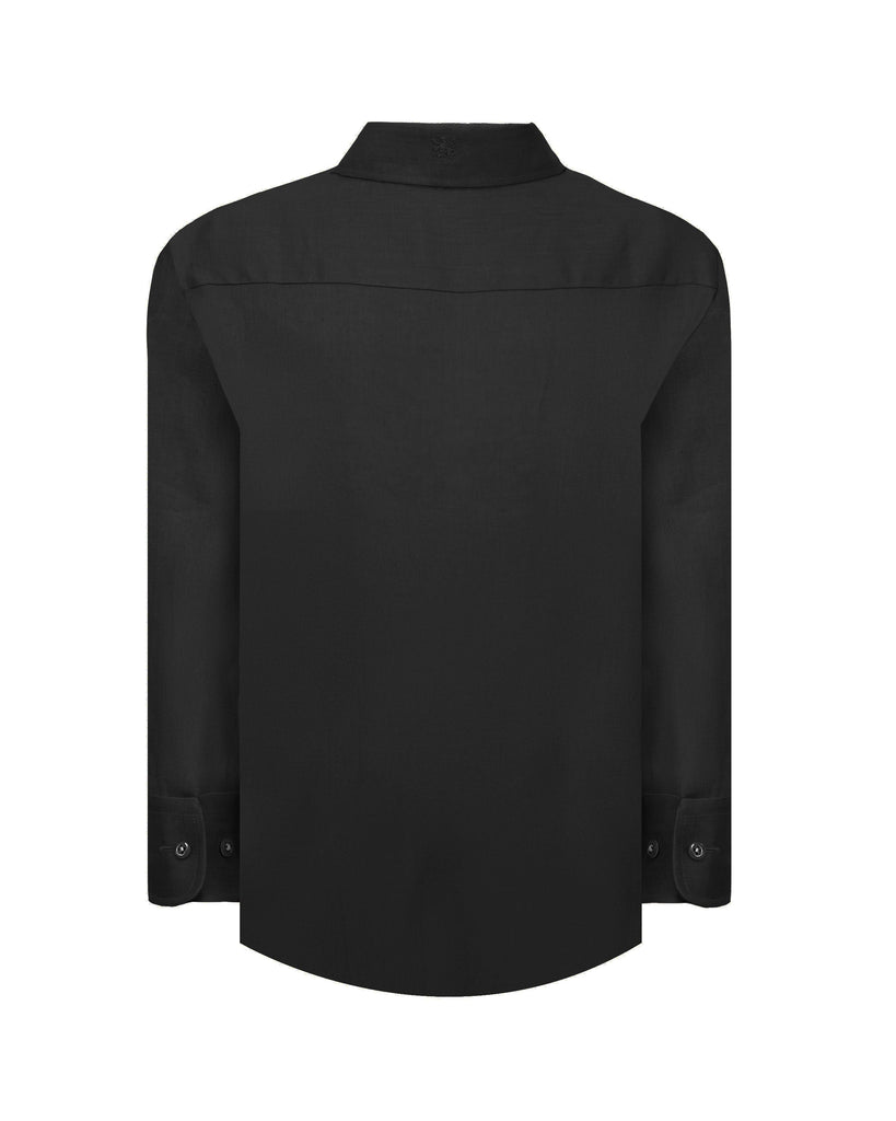 Manchester Junior Guayabera de Lino Manga Larga Cuello Vista Frontal en Negro