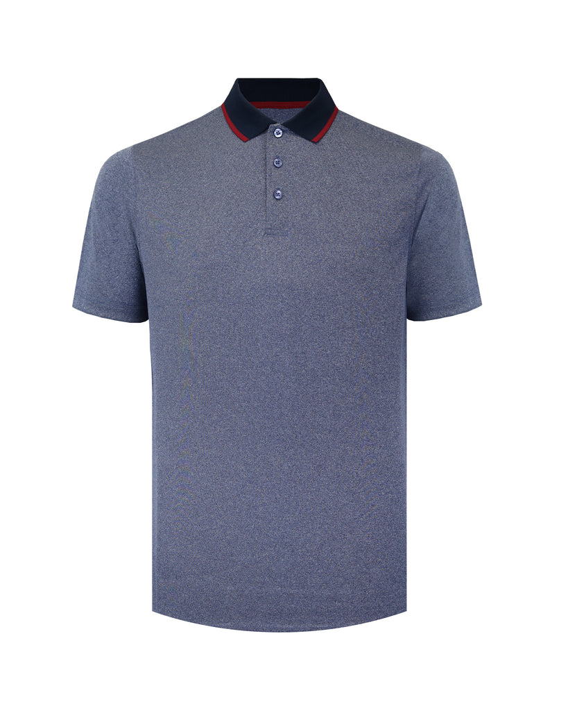 Playera tipo polo azul jaspeado para hombre, con cuello negro y detalles rojos, ideal para look casual moderno, tela deportiva