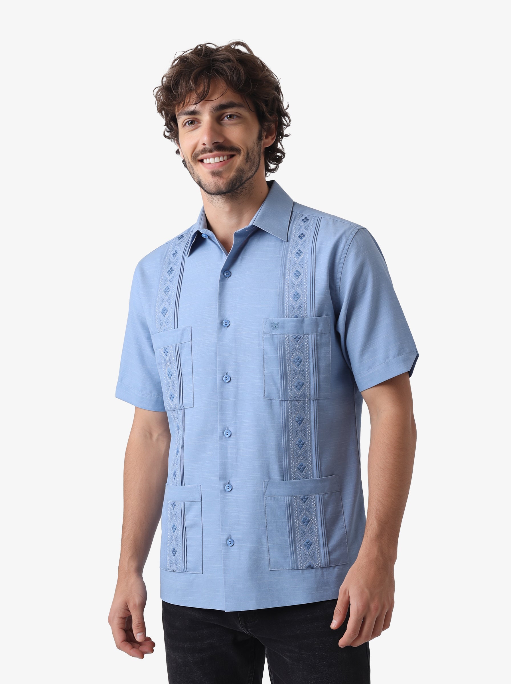 Manchester Guayabera Bordado Geométrico y Alforzas Finas - Manga Corta