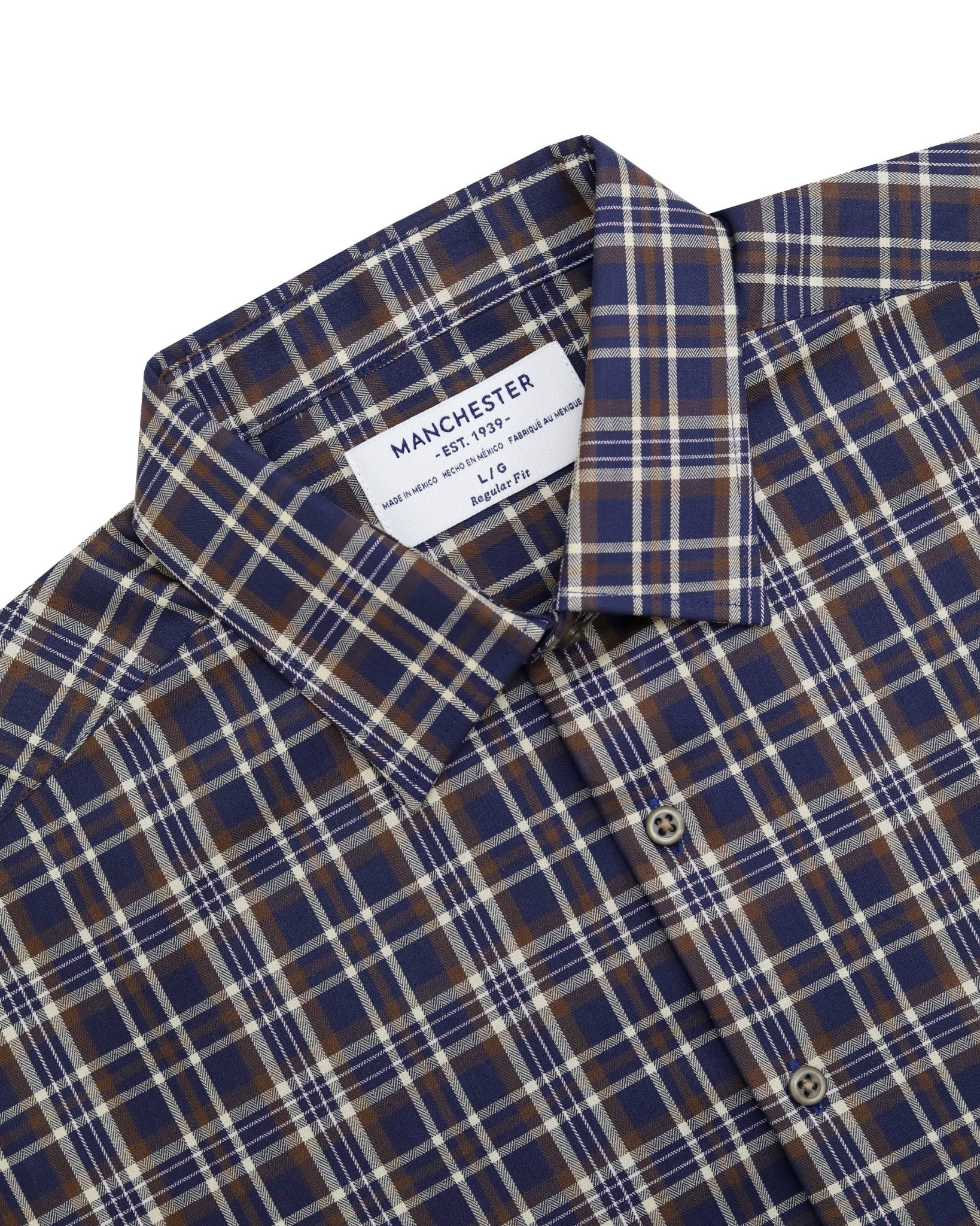 Manchester Camisa Casual a Cuadros Marrón y Azul - Corte Regular - Manchester
