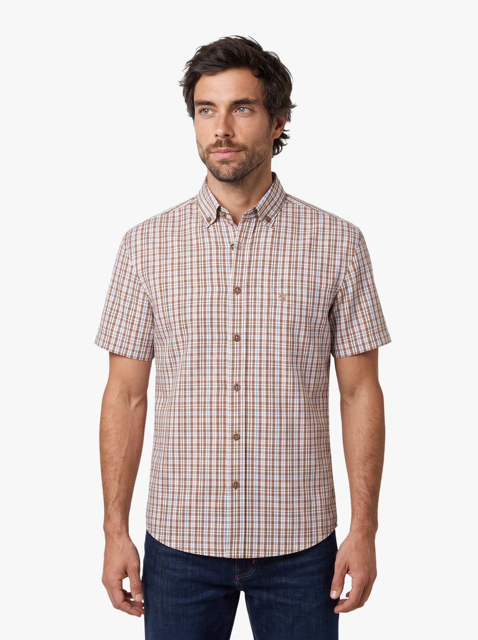 Manchester Camisa Casual Button Down Cuadros Manga Corta - Manchester