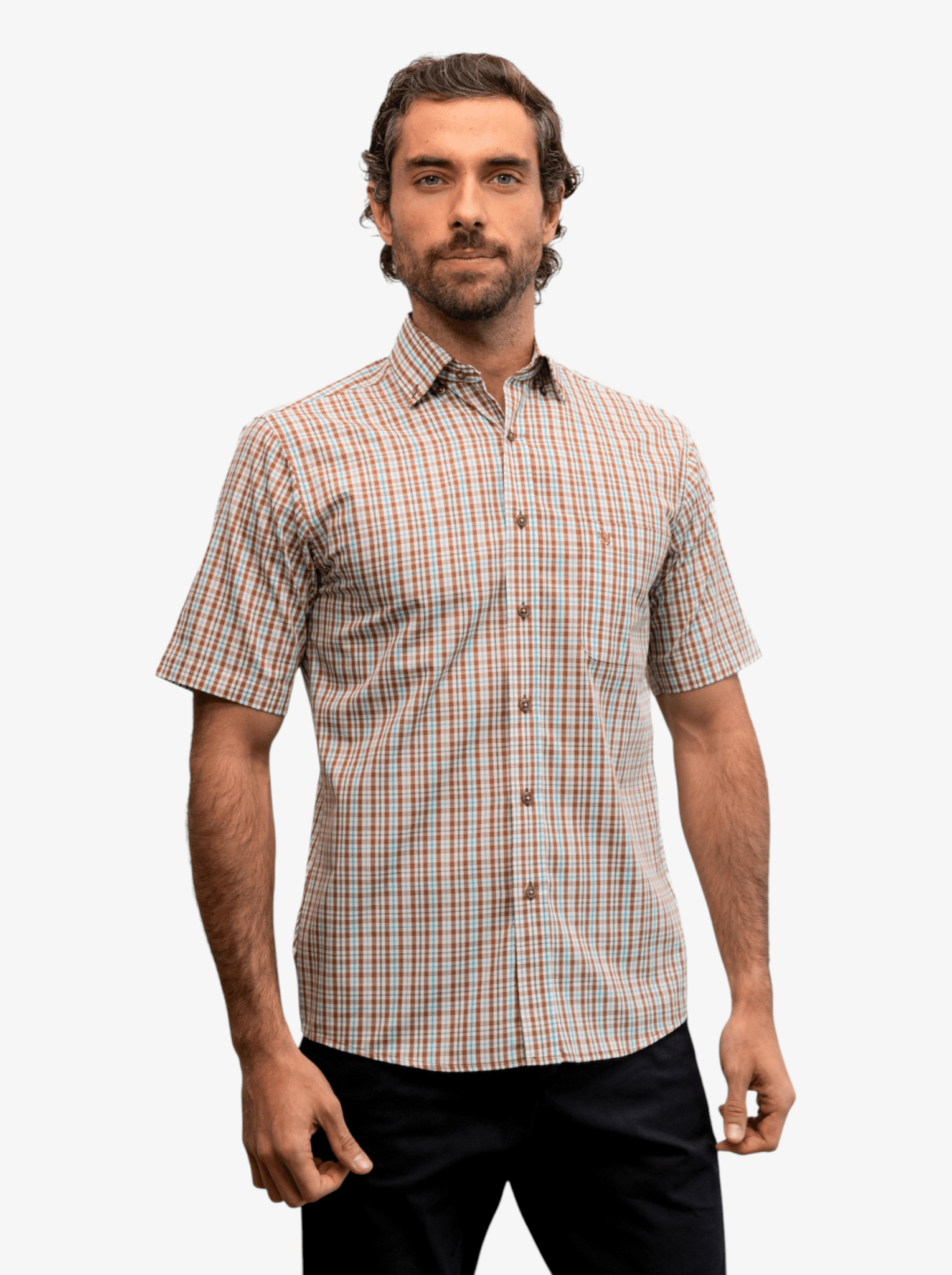 Manchester Camisa Casual Button Down Manga Corta Cuadrícula - Manchester