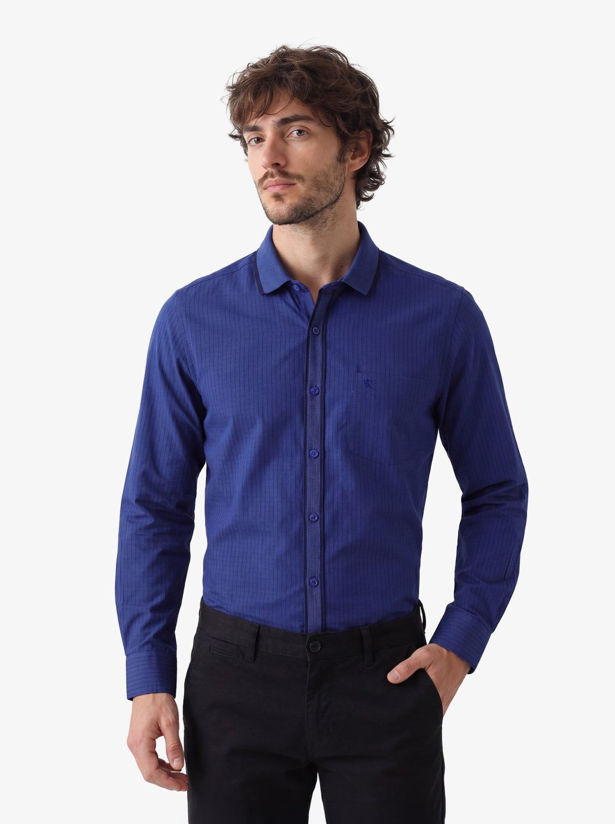 Modelo Manchester Camisa Casual Marino Algodón-Poliéster Manga Larga para hombre