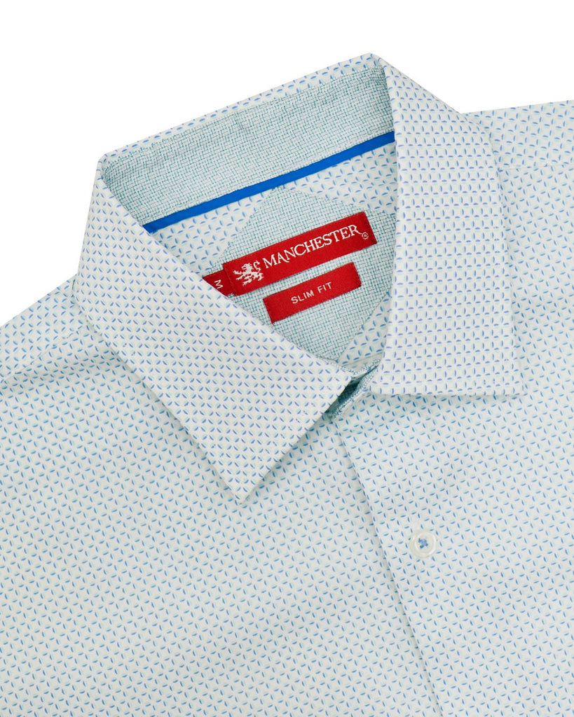 Manchester Camisa Casual Slim Fit Patrón de Lunares Azules sobre Fondo Blanco 100% Algodón - Manchester