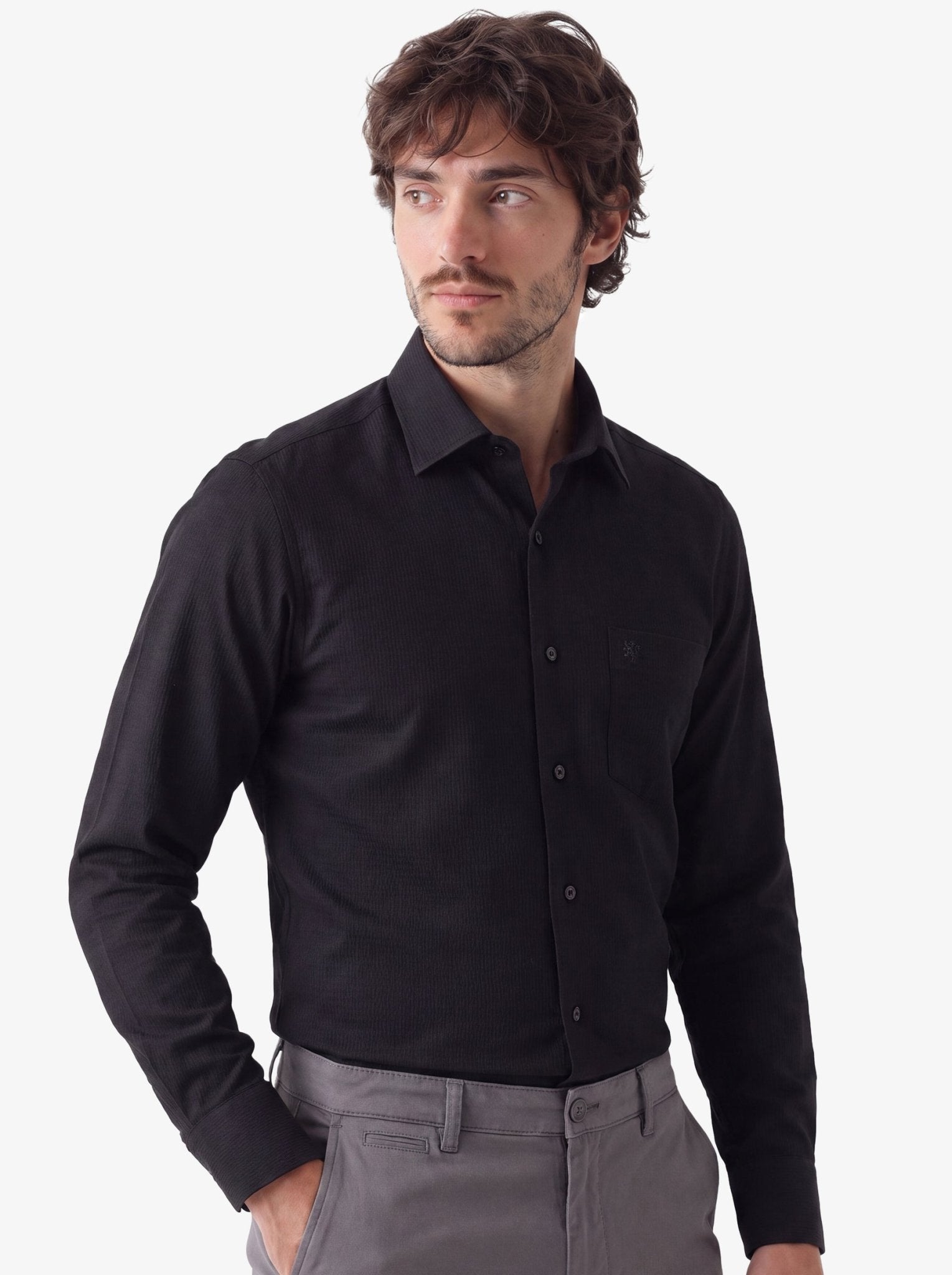 Manchester Camisa de Vestir Algodón y Poliéster Manga Larga color negro para hombre